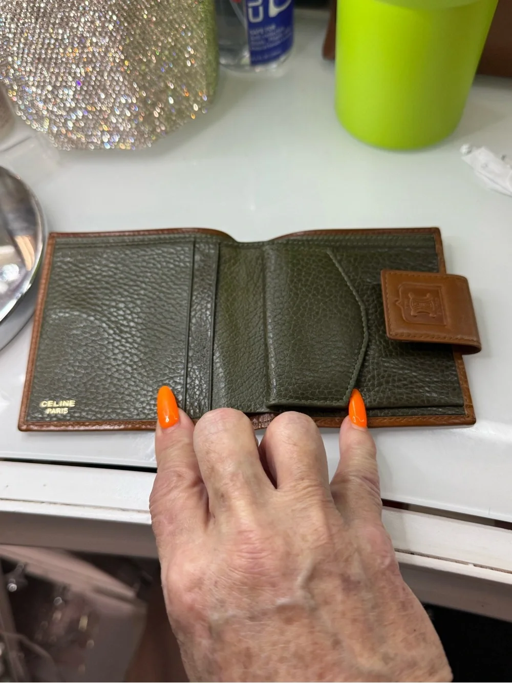 Celine Olive Green and Brown Leather Bifold Wallet with Tab VINTAGE